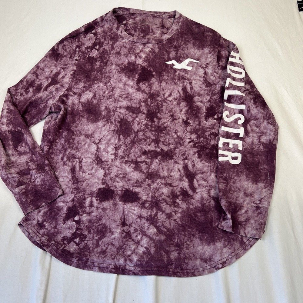 Hollister Womens Purple Tie Dye Long Sleeve T-Shirt Logo Graphic Top XL